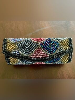 Vintage Beaded Lipstick Case w/ Mirror, Hard Shell, Snap Closure